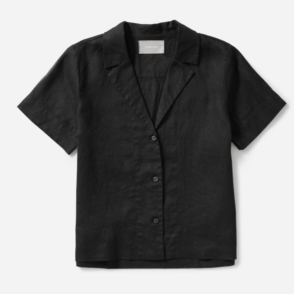 Everlane Linen Notch Short Sleeve shirt in Black